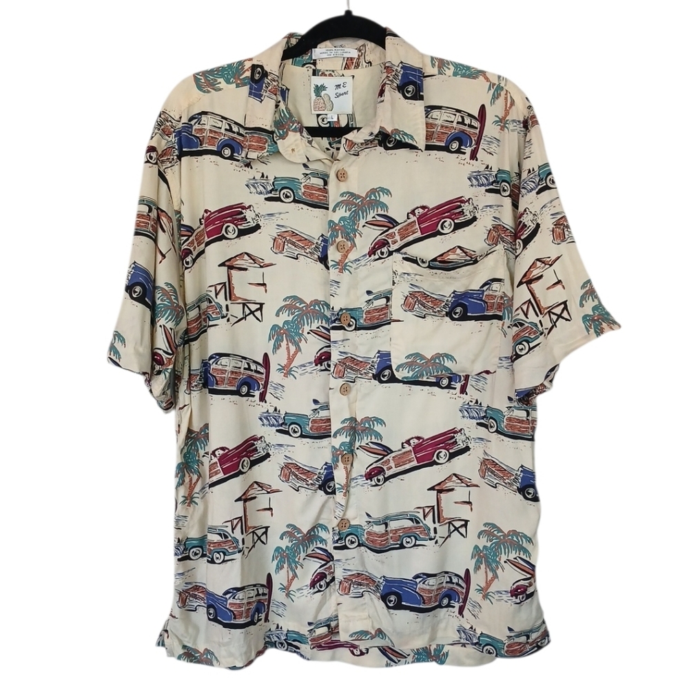 M.E. Sport Classic Vintage Car Palm Tree Print Casual Button Down Shirt Large